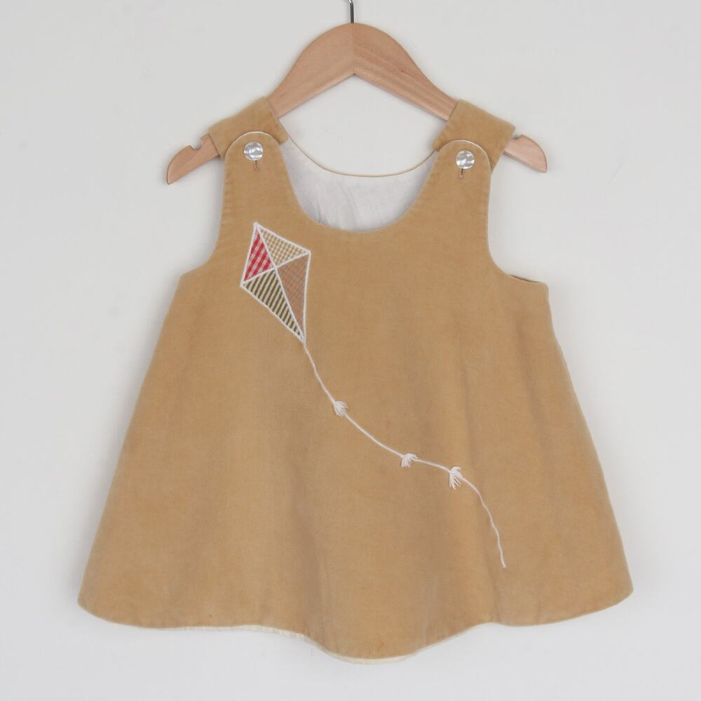 Vintage 1960s Kids Tan Velvet Kite Tank Dress Sundress Size 5/6 - fits 2-4